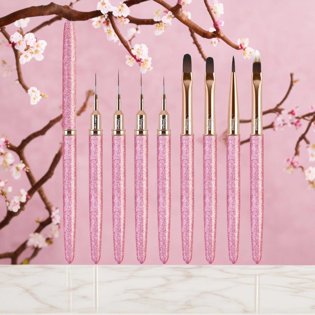 JIENIYA Factory price Kolinsky/Nylon Hair Pink glitter decorative handle Liner/french/Oval/Ombre gel Nail Brush Set