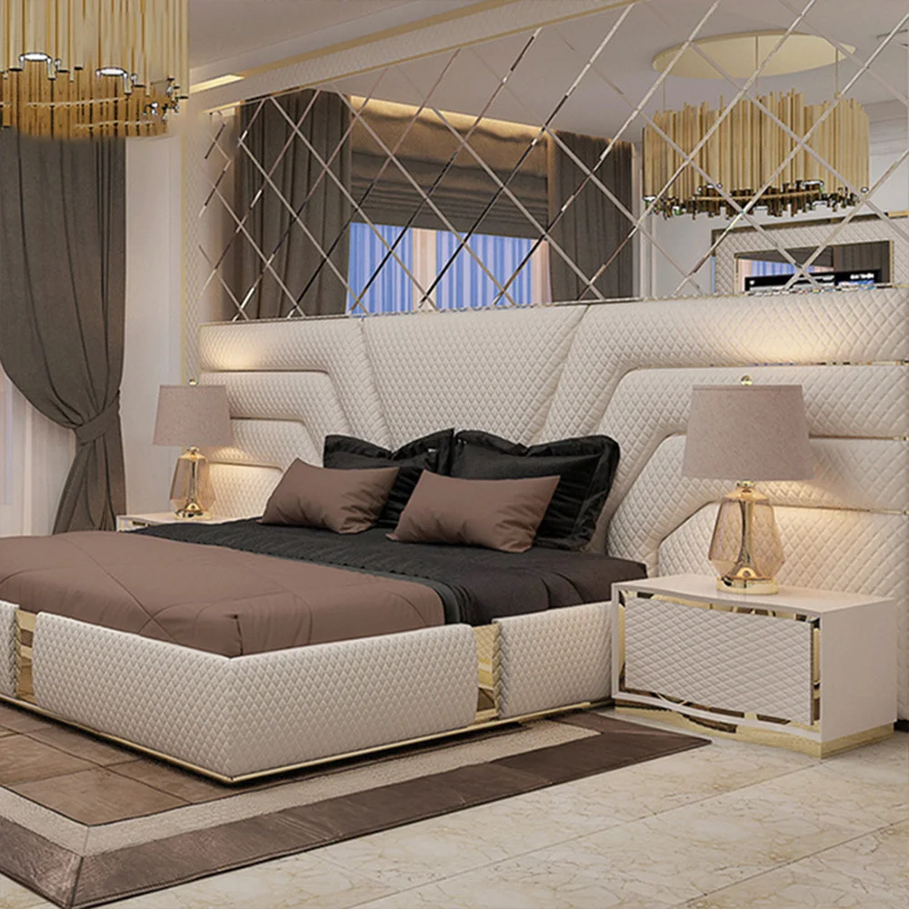 Italian Style Home King Size Big Headboard Leather Upholstered Bed Modern Luxury Bed Room Frame Set Bed Room Furniture