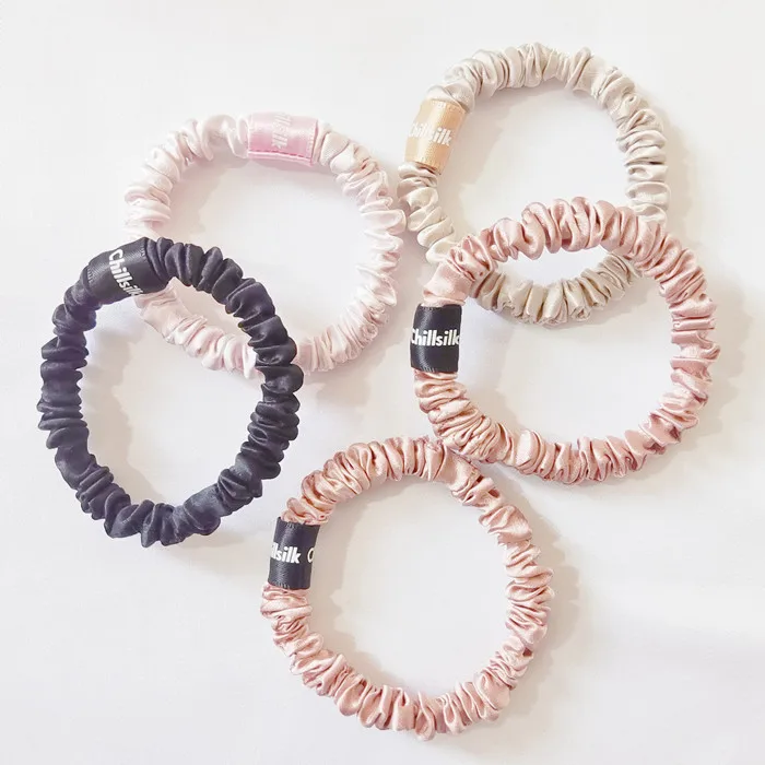 Custom log tag 100%  Silk Hair Ties Elastic Silk Scrunchies Luxury silk skinny scrunchies with 6A grade