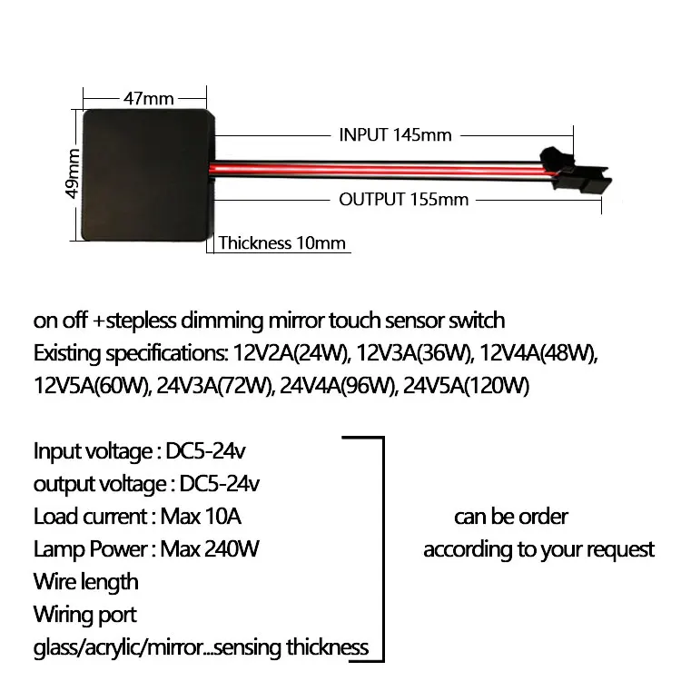 12V Mirror Led Light Single Dimmer Smart Mirror Touch Switch Sensor For less than  6mm Thick Bathroom Mirror