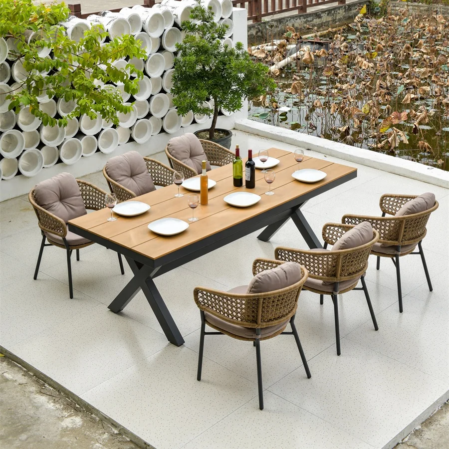 
All weather Indoor Outdoor Furniture dining set sale patio china New design garden aluminum plastic wood table rattan chair 