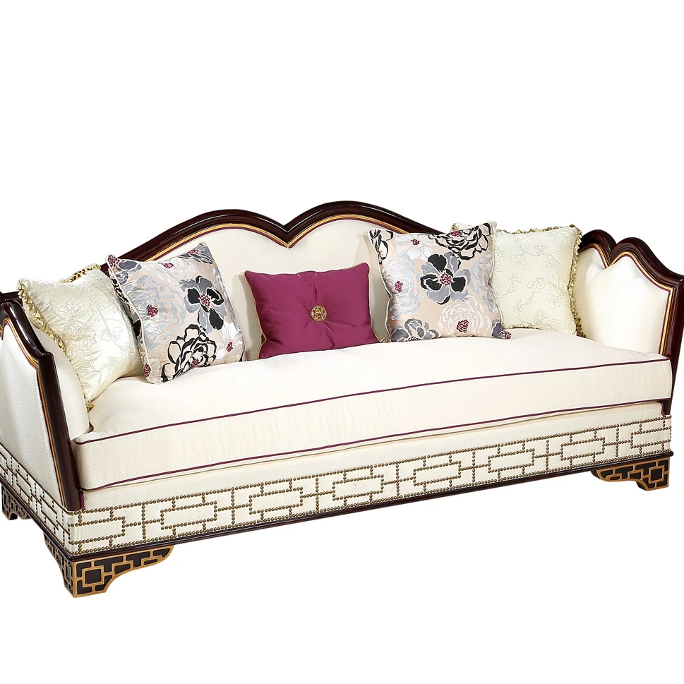 Neo classical royal luxury vintage British style sofa with copper decoration mahogany wood antique furniture sofa set