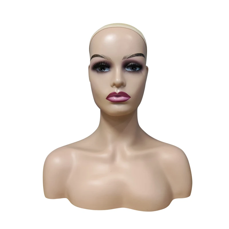 
Wholesale Boutique Beautiful Cheap Wig Earring Necklace Display Makeup Face Realistic Female Smiling Brown Bust Mannequin Head 