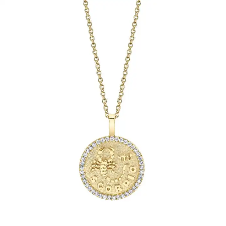 Laodun Gold Plated SCORPIO Zodiac S925 Silver Pendant Coin Shape Zodiac Sign Pendant Necklace Chain for Women