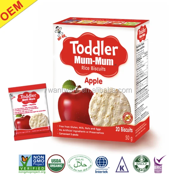 
Hot Kid OEM Baby Food Toddler Rice Crackers Baby Grain Snacks Healthy Biscuits Halal Gluten Free Apple Flavor 