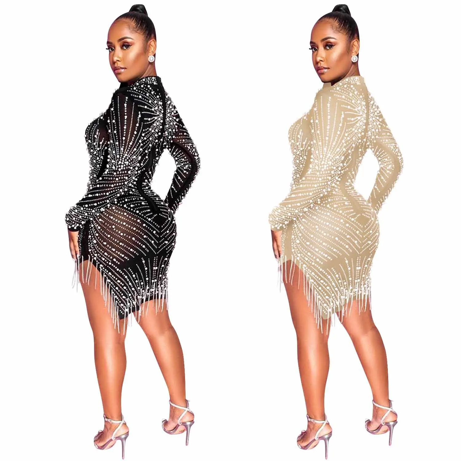 New Sexy Nightclub Net Yarn Perspective Hot Rhinestone Bubble Beads Fringe Round Neck Long Sleeve Dress