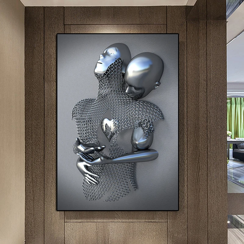 Metal Figure Statue Art Canvas Painting Posters and Prints Modern Lovers Sculpture Wall Pictures for Living Room Home Decoration