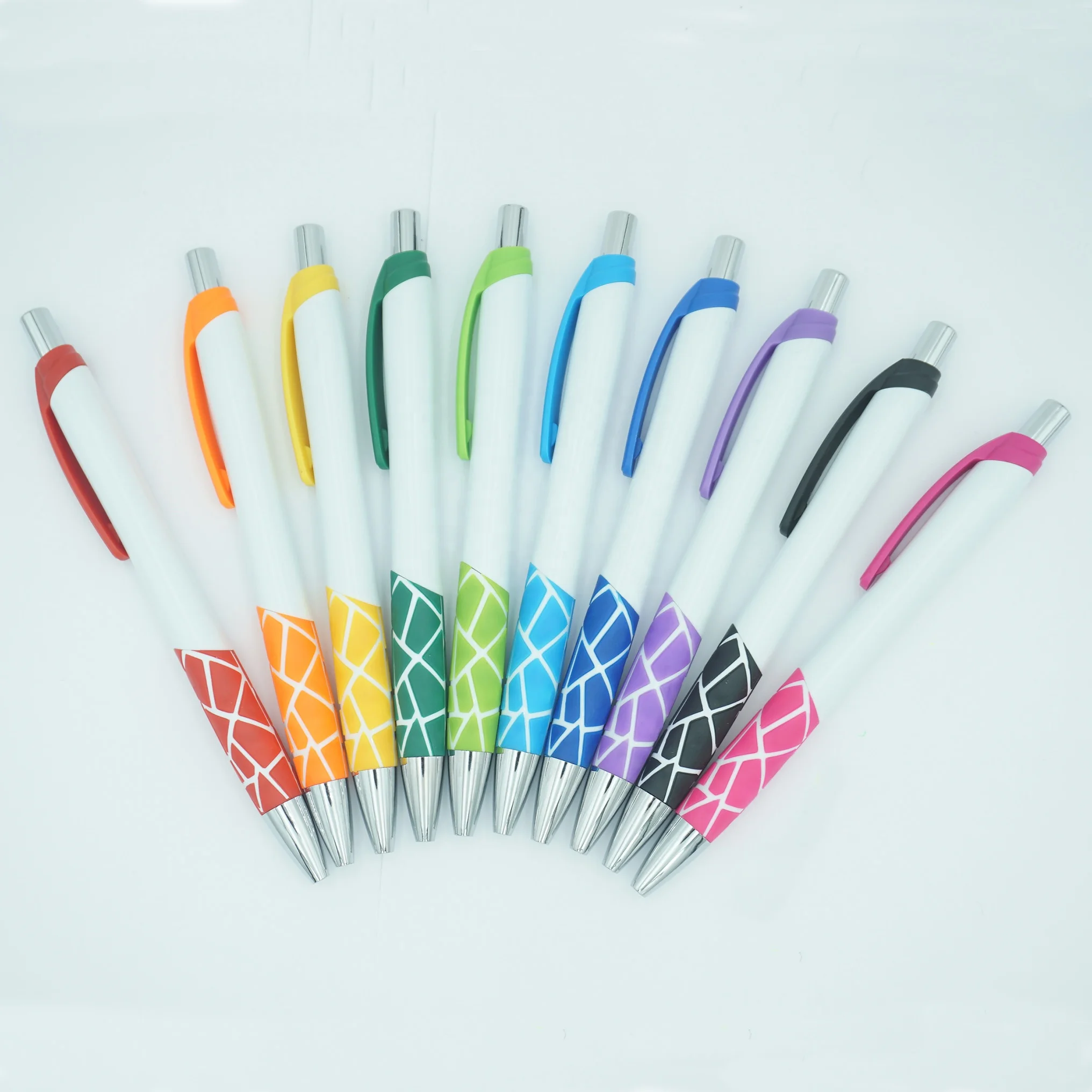 Personalized custom logo blank solid white plastic ballpoint pen with colorful divisive rubber grip