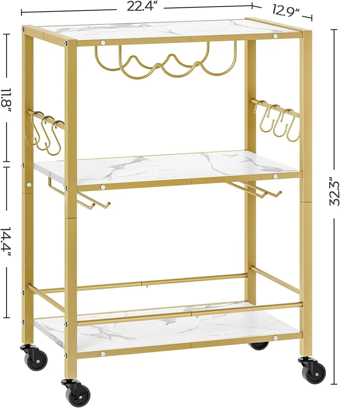 Bar Cart Gold, 3-Tier Serving Cart, Kitchen Cart Mobile Microwave Cart with 6 Hooks Beverage Cart