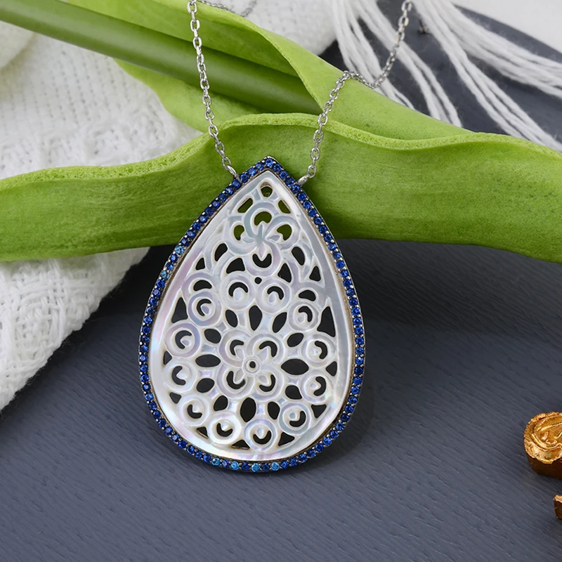Ladies Classic Jewelry Natural White Shell Water Drop Hollow Shape Pendant 925 Sterling Silver Necklace Chain
