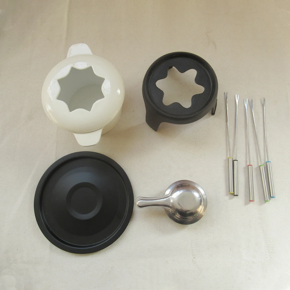 Hot Sale Black Pre-seasoned /Enamel Cast Iron Mini Fondue Sets With 6 Fondue Forks Included For Cheese Or Chocolate Fondue
