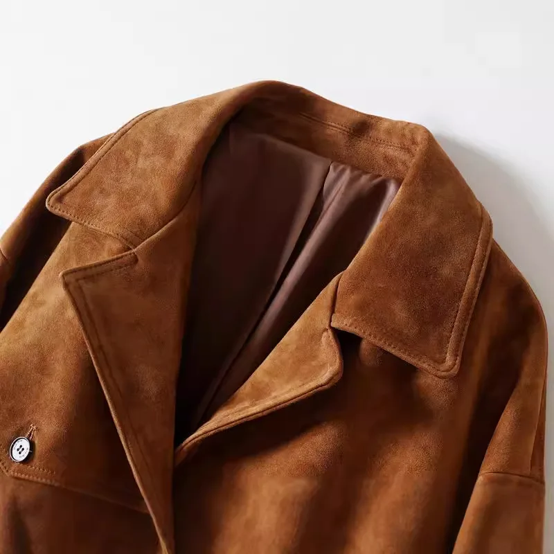 Fall Luxury Elastic Hem Short Genuine Leather Coat Custom Logo Soft Warm Bomber Brown Sheepskin Suede Leather Jacket for Women