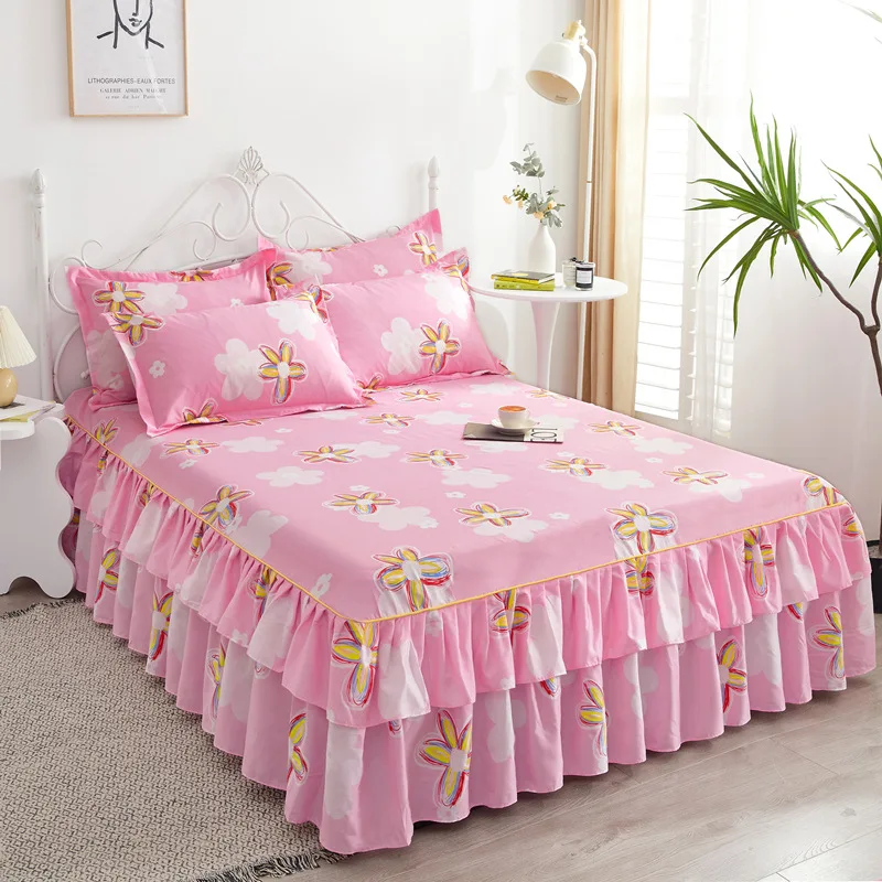 Hot Sale Luxury Bed Skirt Sheet Set Home Embroidery Floral Bed Skirt Bedsheets Sets