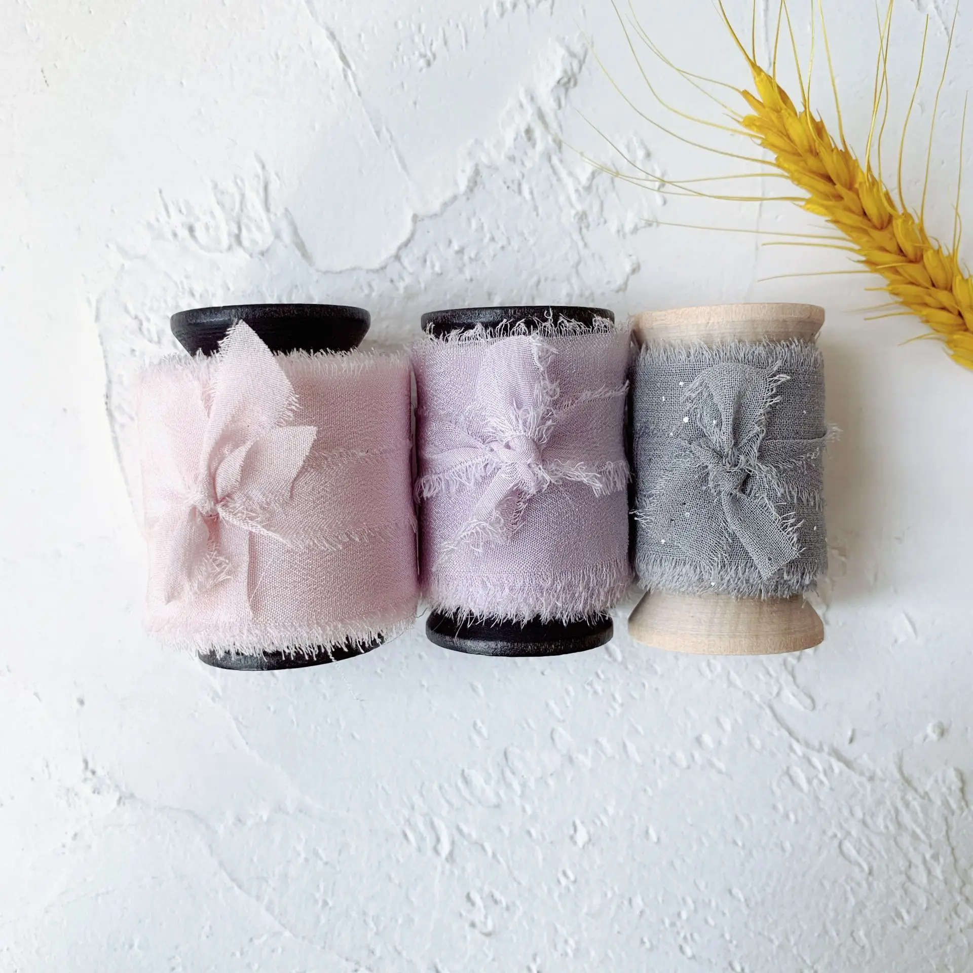 
3Rolls one Set 100% silk frayed edges ribbon ins style wedding silk ribbon woodenspools pure silk satin package ribbon wedding 