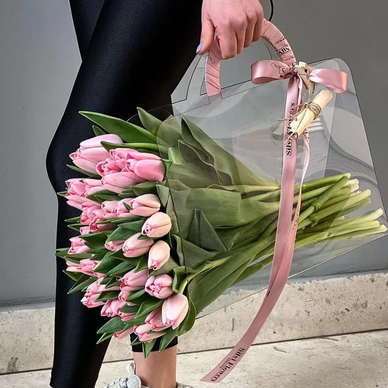 Fall In Color PET Transparent Flower Bag INS New Floral Bouquet Handle Bag For Florist