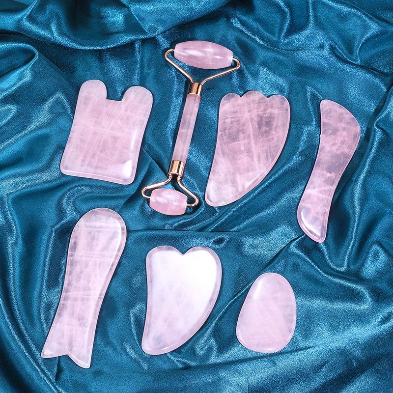Ролик для лица из натурального розового хрусталя и гуаша массажный инструмент для подтяжки кожи лица из розового кварца нефритовый ролик для лица Gua Sha набор