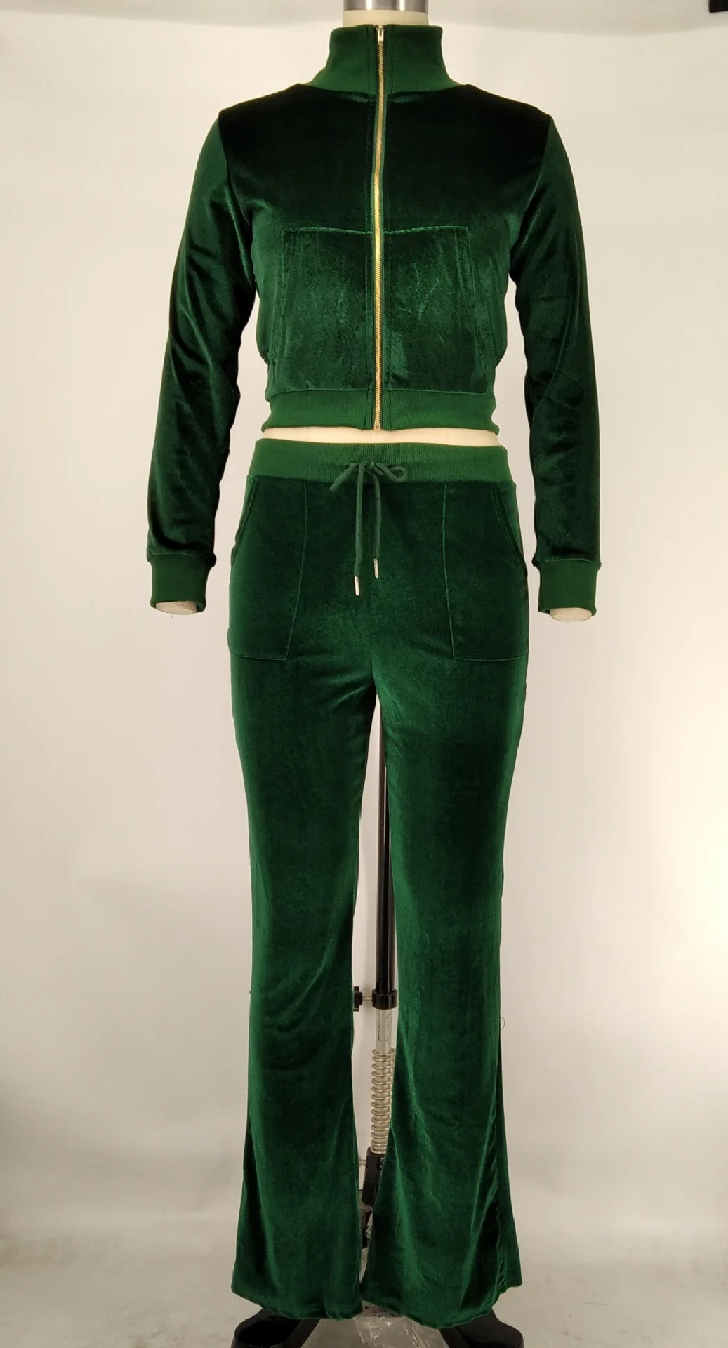 custom lounge wear Solid Velvet Tracksuit Activewear Zipper fly Long Sleeve Crop pants elastic fitness bodycon 2 piece set