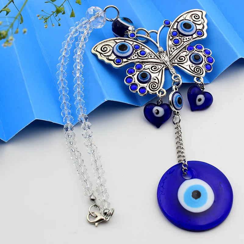 Kingcome White Long Type Crystal Beads Beaded Turkey Blue Evil Eyes Butterfly Love Heart Car Pendant Wall Hanging Decor