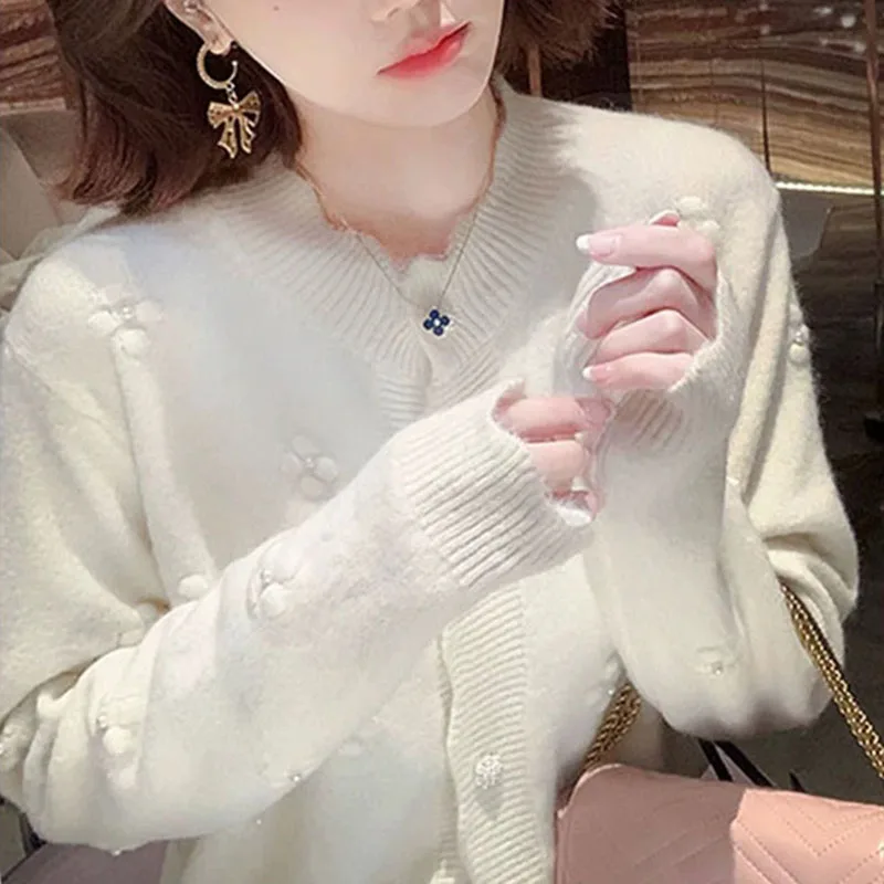Flower Sweater Jacket nail Bead Knitted Cardigan japanese College Style Sweater