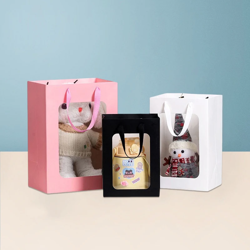Custom Logo Eco-friendly Affordable Paper Bag Gift Packaging Bag with Lucency PVC Window Cardboard Offset Printing Drawstring