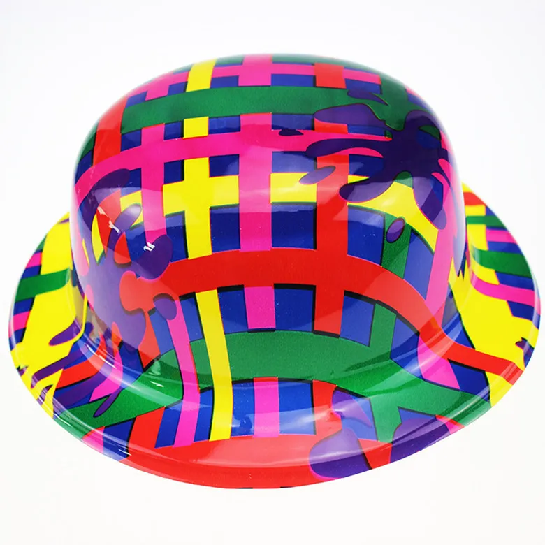 Wholesale Metallic Colors Assorted Plastic Fedora Neon Pink Bucket Pattern Iridescent Zebra stripe Party Toy Hard Hats