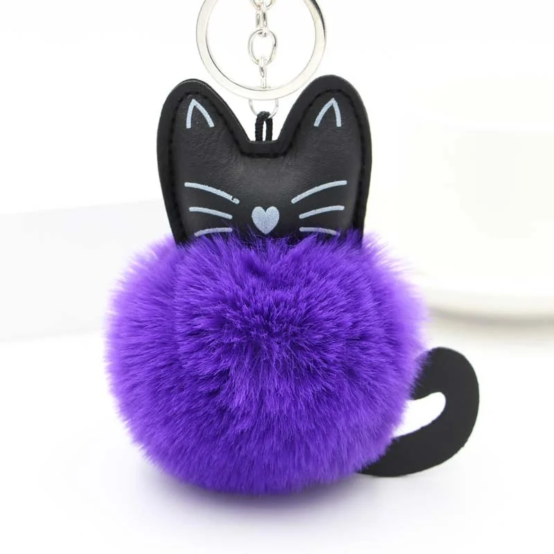 Factory Customize Pom Pom Keychains Cat Shaped Cute Leather Key Chain Puff Ball Fur Pompom Keychains