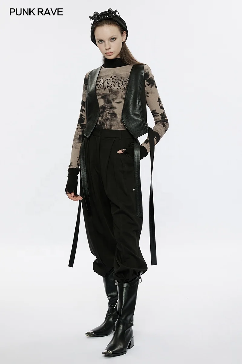 PUNK RAVE OPY-695MJF Women Handsome Sweet Cool Leather Vest Jacket Women Outer Wear Sleeveless Waistcoat Vest