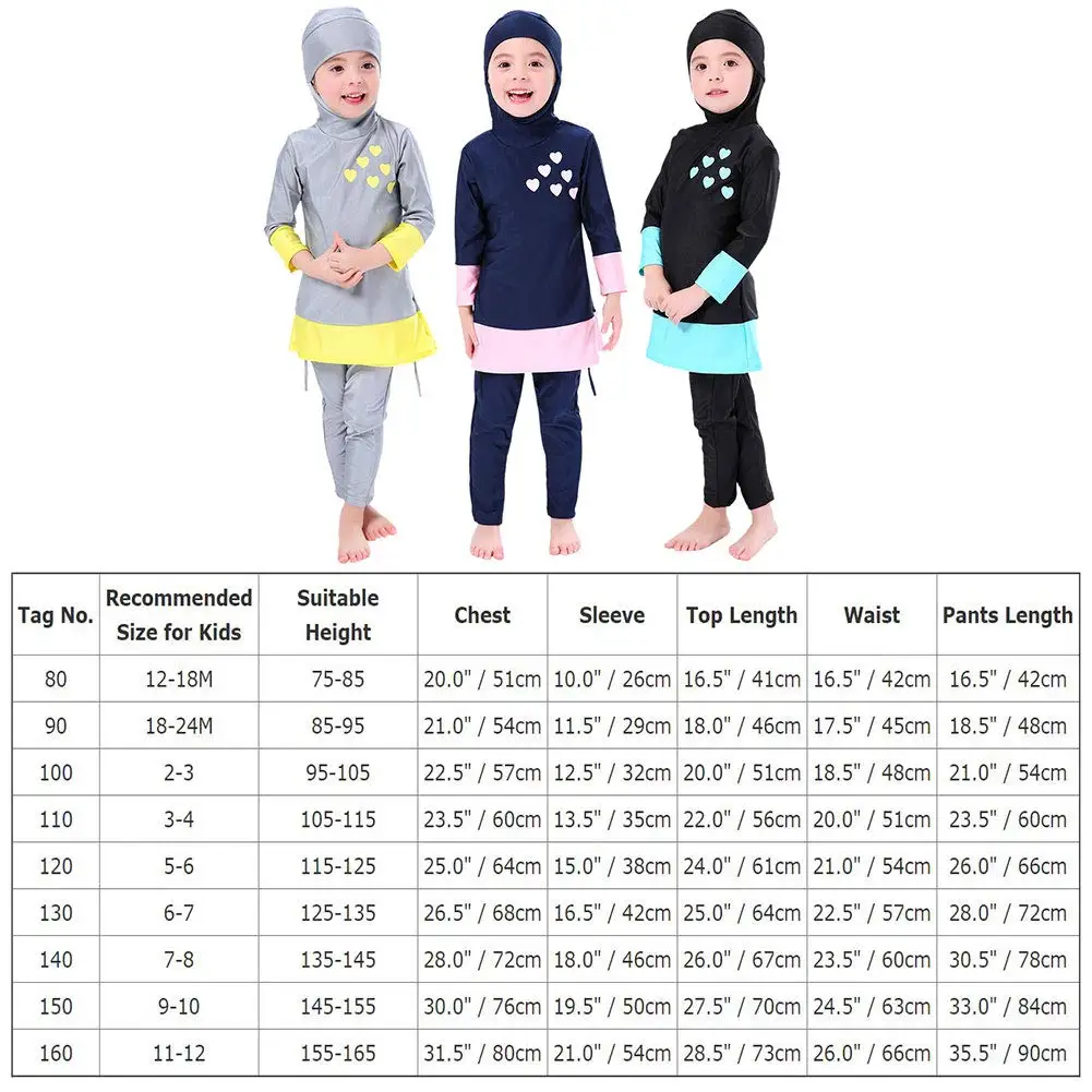 Girl birkini swimsuits modest muslim islamic long sleeve rash guard full cover top skirted swim capris swimwear set