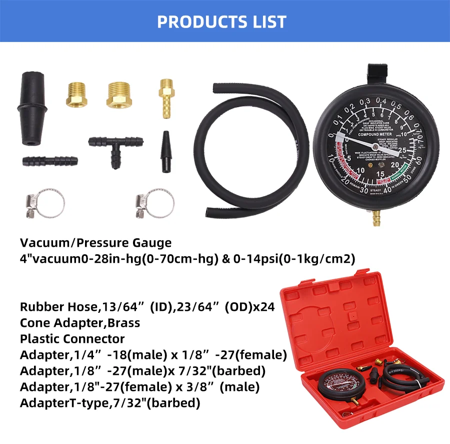 Engine Vacuum Pressure Tester  Fuel Pump Vacuum Tester Carburetor Valve Pressure Tester Gauge Kit Car Truck