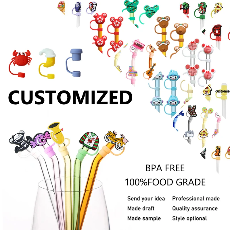 Custom 6-10mm Personal Customized Straw Cover Topper Rubber full Silicone Charms Straw Toppers For Tumbers Wholesale