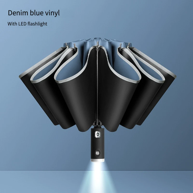 automatic Open Close Reverse LED Umbrella with reflective strip 3-folding Business Reverse Umbrella With Light