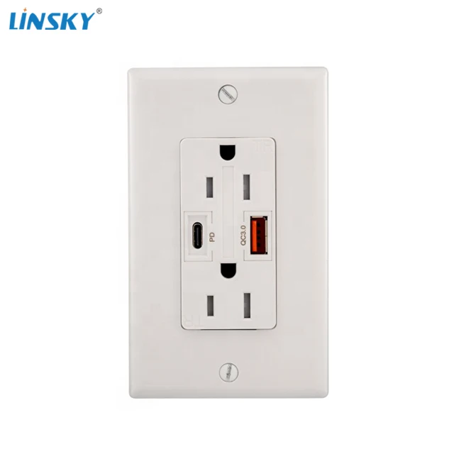 Linsky  Dual USB (Type-C & Type-A) Charging Ports (Total 4.2A/5V), 15A TR PD power and QC3.0  USB charger Duplex receptacle