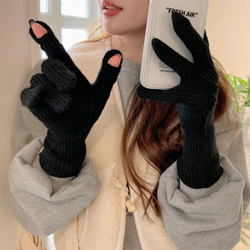 Knitted Woolen Gloves Women Winter Leakage Two Finger Warm Thick Outdoor Long Knit Gloves