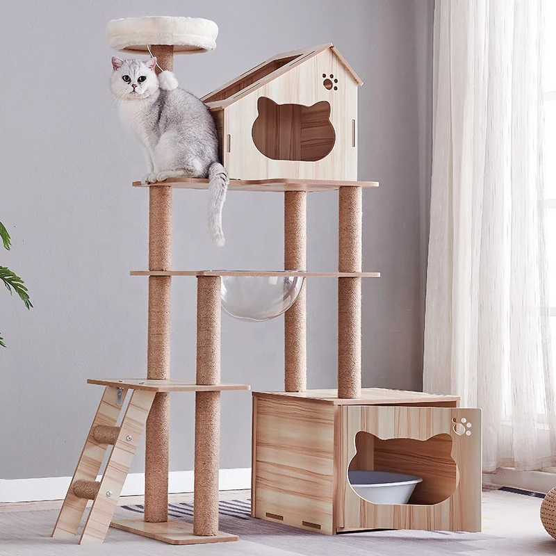 Wooden cats condo indoor pet furniture tower sisal rope scratching posts cat litter cabinet cat tree for large big catss