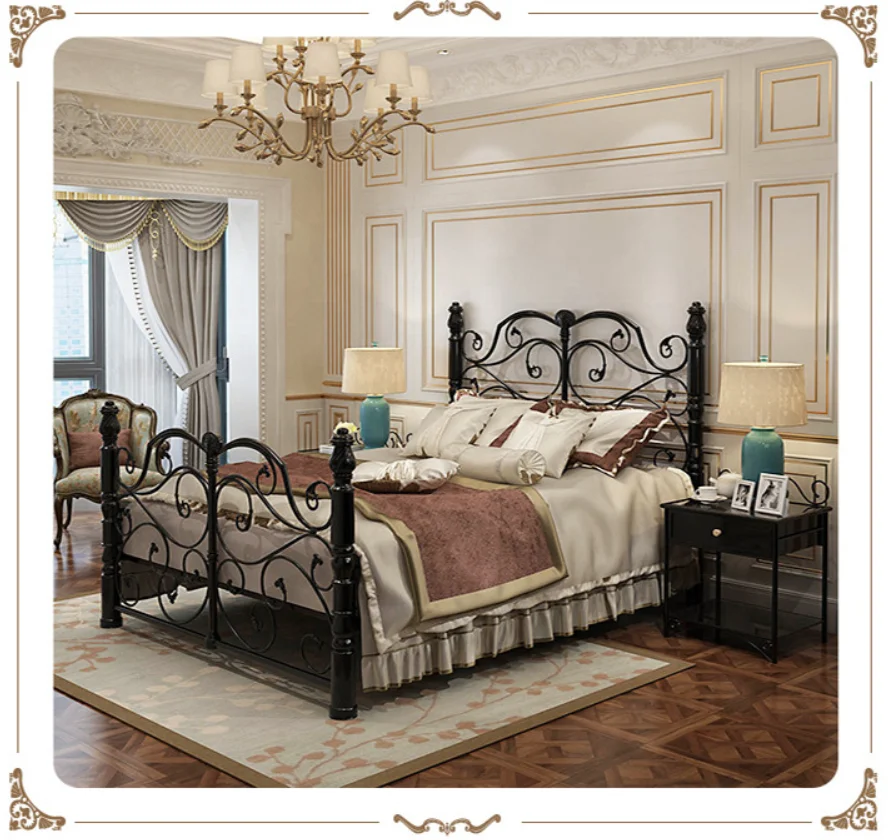 
2019 dijin Luxury Vintage Design European Style Wrought Metal Iron Bed Antique Brushed Gold King Size 