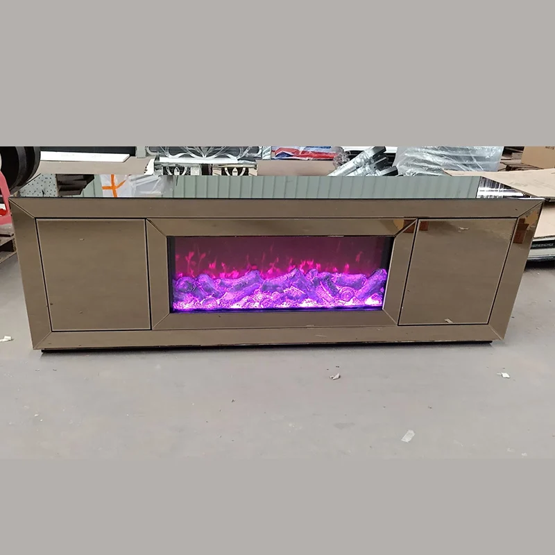 New modern glass bedroom furniture  mirrored silver TV stand unit furniture with fireplace