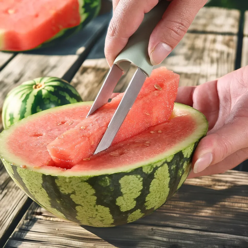 2024 Stainless Steel 3-in-1 Watermelon Windmill Cutter Summer Home Vegetables Hand Knife PP Fork Slicer Food Metal PC Material