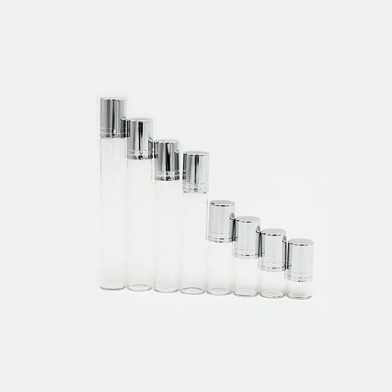 wholesale 1ml 2ml 3ml 5ml 10ml 15ml 20ml tube essential oil roll on perfume glass bottle with aluminum caps and rollers