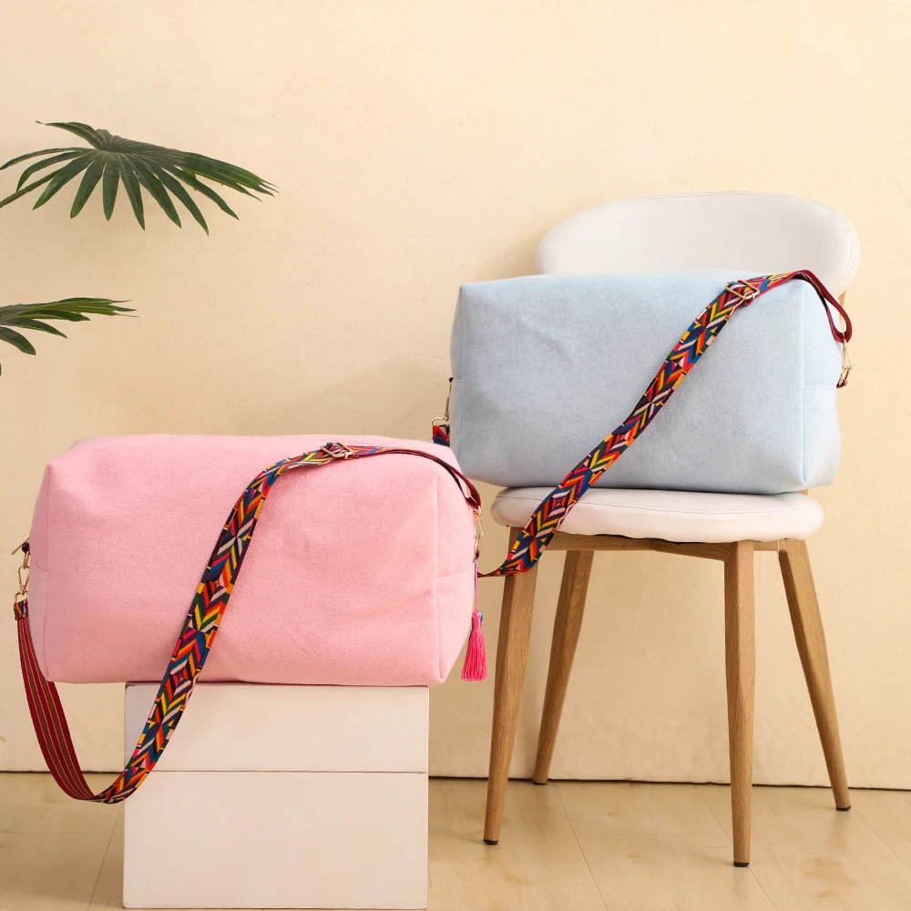 Weekender Bag Woman Foldable Terry Cloth Duffel Overnight Bag Light Blue Large Terry Beach Cloth Bags