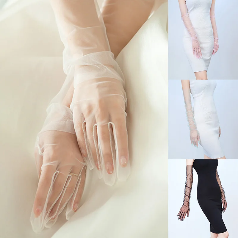 Fashion Long Sheer Tulle Gloves Ultra Thin Stretchy Full Finger Mittens Mesh Elbow Wedding Bride Gloves