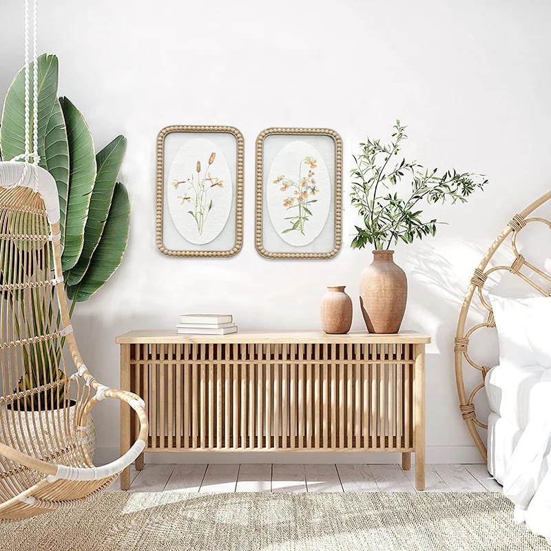 Nordic Style Boho Wood bead Frame Leaves Flower Wall Picture Home Decoration Gift Hanging Framed Wall Art Print For Home Decor