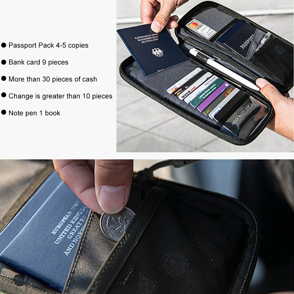 Multi-Purpose Lightweight Family Travel Document Organizer RFID Passport Holder Wallet with Zipper Closure and Small Pockets