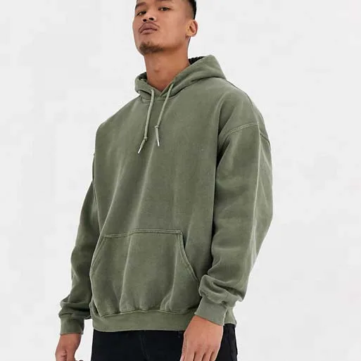 High-quality Wholesale Custom Logo Embroidery Printed kangaroo pockets retro oversized hoodies in green overdyed