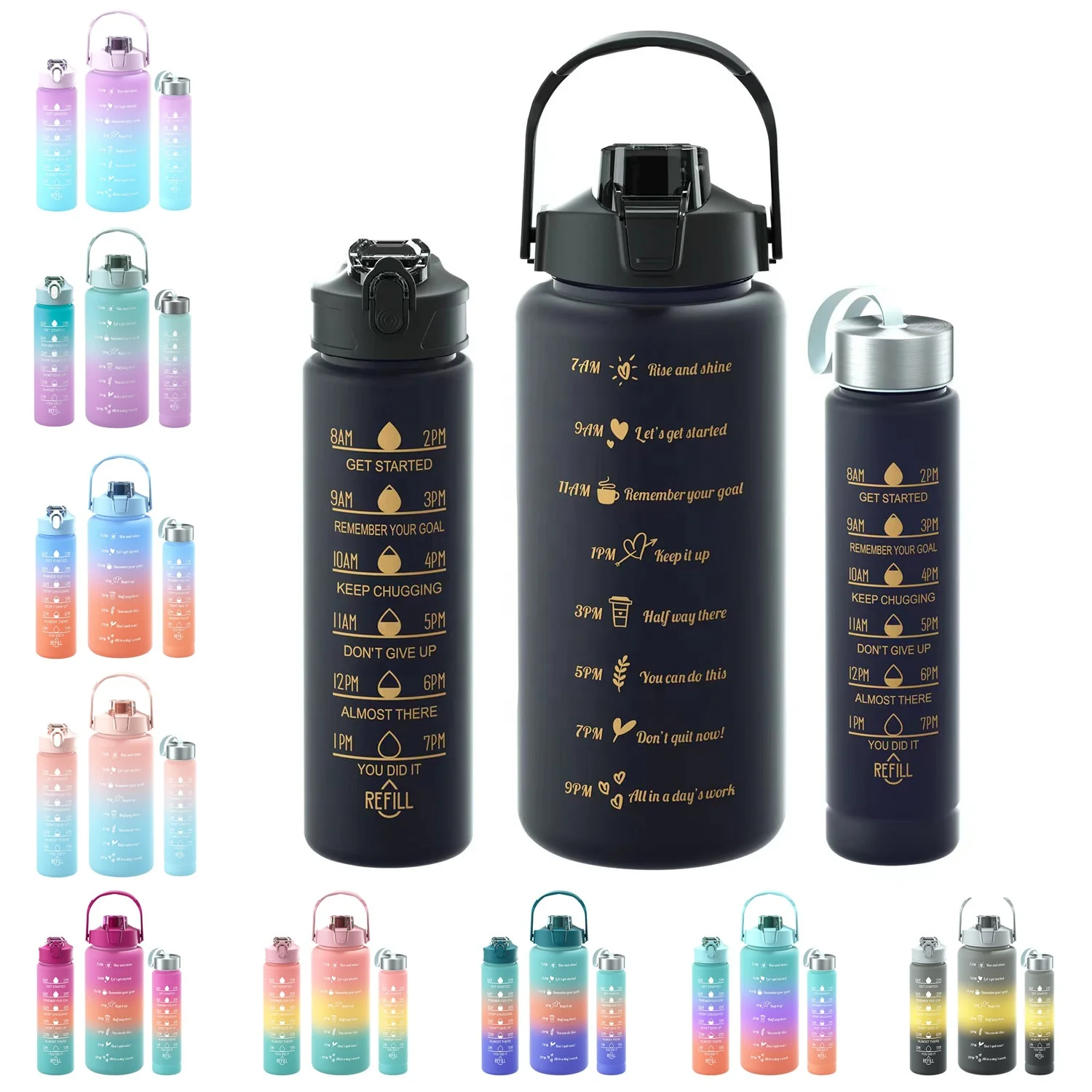 3 Pcs In 1 Set Plastic Sport bottle Gym Fitness Motivational Water Bottles With Straw BPA free Botella de agua