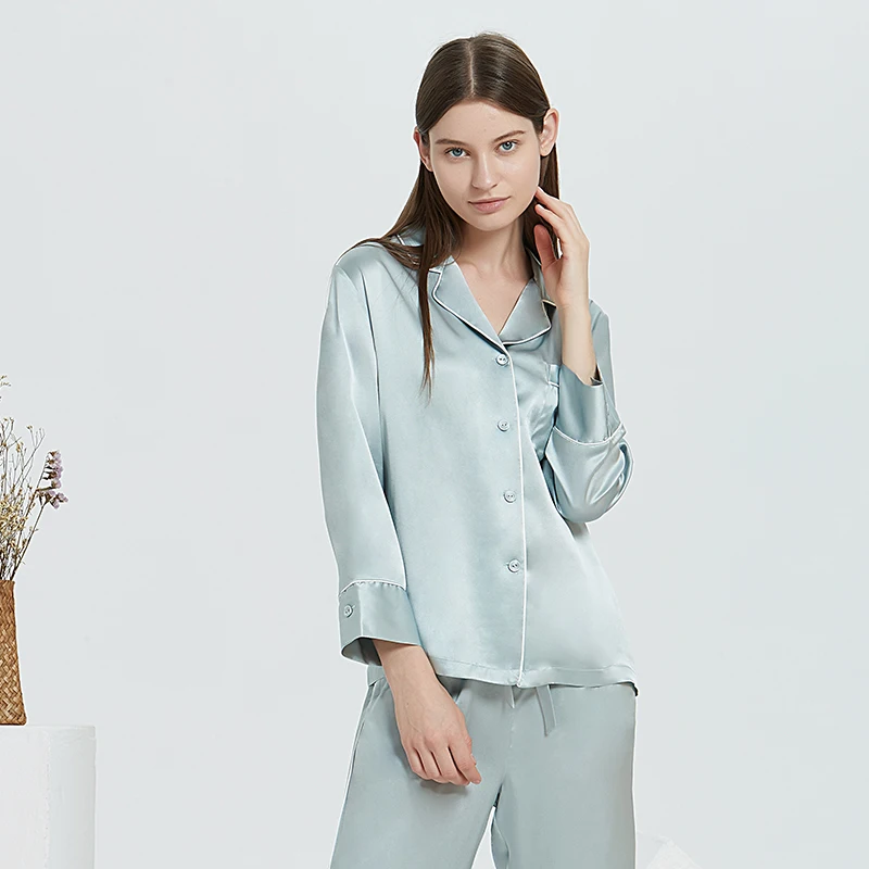 
Custom Satin Silk Sleep Wear 100% Pure Silk Pyjamas Set Women Silk Pajamas with long sleeves and long pants For Skin Hair 