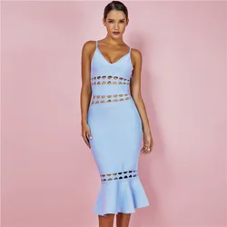 Fashion Summer Women Blue Strappy Sleeveless Over Knee Hollow Out Mermaid Bandage Dress