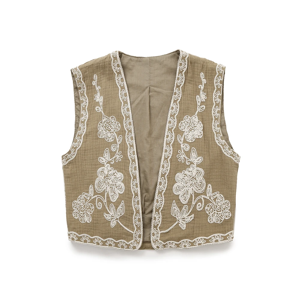 Flower embroidered vest spring short top cross-border contrasting color cardigan retro sleeveless vest womens jacket