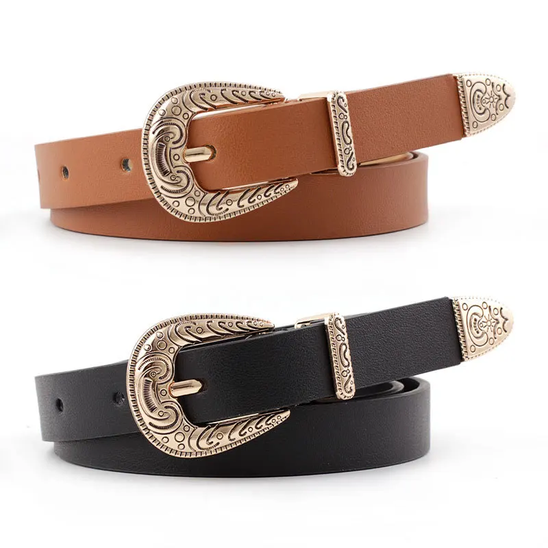
Baroque Women Western Leather Belts with Vintage Metal Buckle For Jeans Pants Dresses women Trendy Belt 