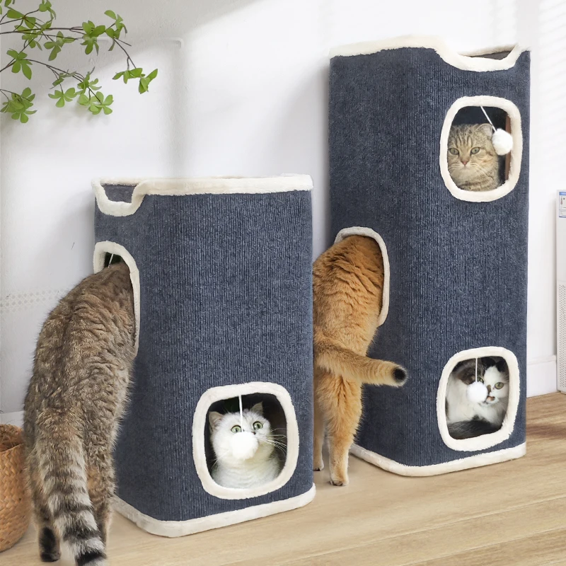 Cat Beds for Indoor Cats Cube Pet House Covered Cave  with Scratch Pad Large Hideaway Cat Tent with Fluffy Ball Hanging