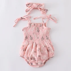 summer pink delicate baby girl infant jacquard cotton floral printing romper matching headband one-piece